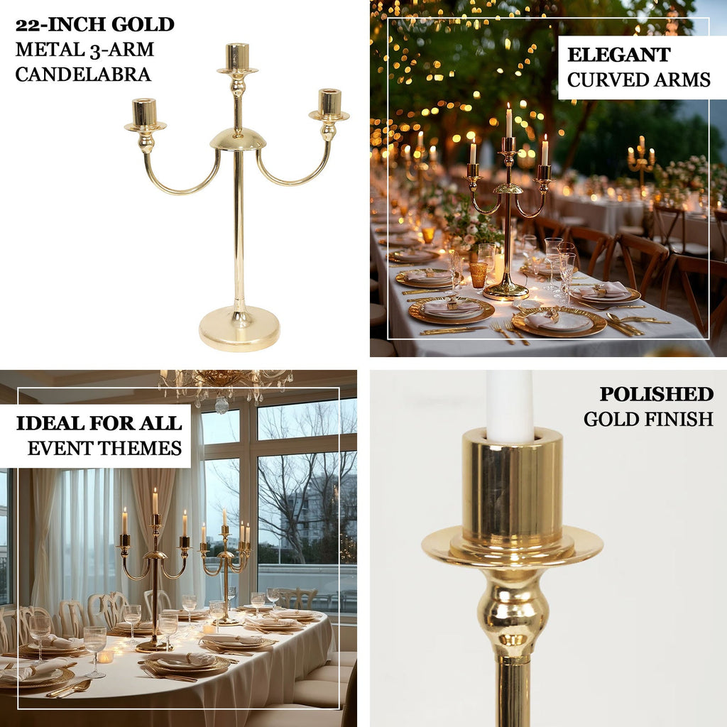 Gold 3-Arm Metal Candelabra – 22" Tall Modern Taper Candle Holder Centerpiece Stand