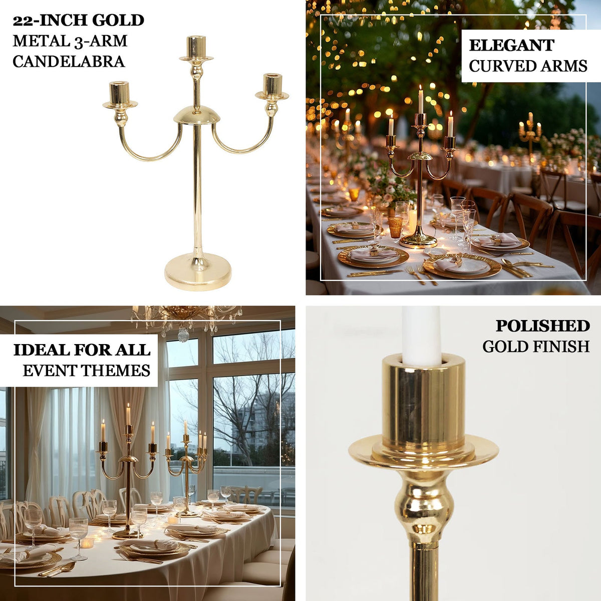 Gold 3-Arm Metal Candelabra – 22" Tall Modern Taper Candle Holder Centerpiece Stand
