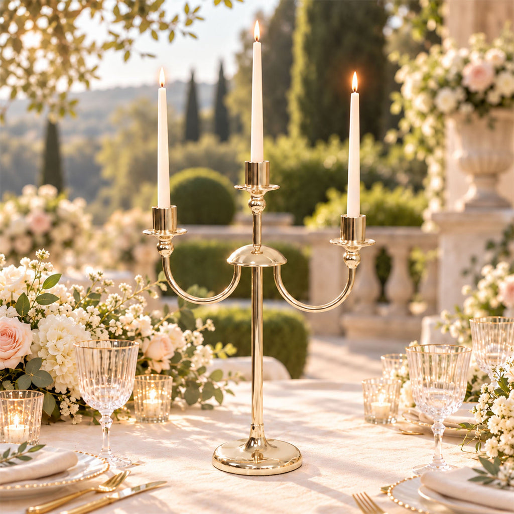 Gold 3-Arm Metal Candelabra – 22" Tall Modern Taper Candle Holder Centerpiece Stand