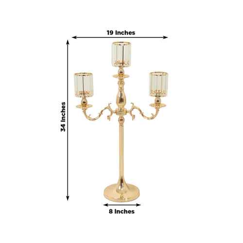 3-Arm Gold Metal Candelabra with Crystal Pendant Glass Shades – 34" Tall Candle Holder for Pillar, LED, and Flameless Candles