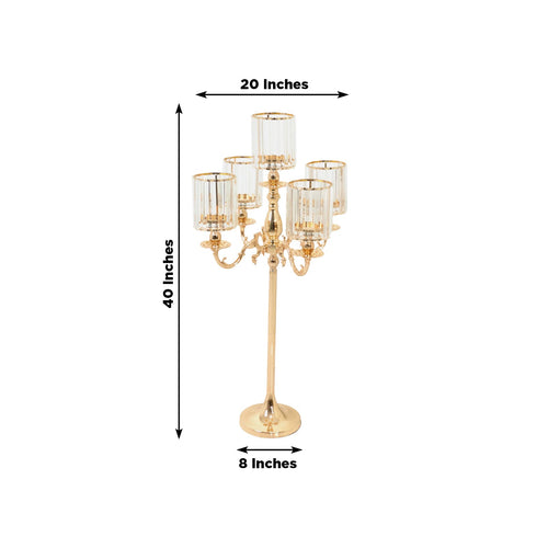 5-Arm Gold Metal Candelabra with Crystal Pendant Glass Shades – 40" Tall Candle Holder for Pillar, LED, and Flameless Candles