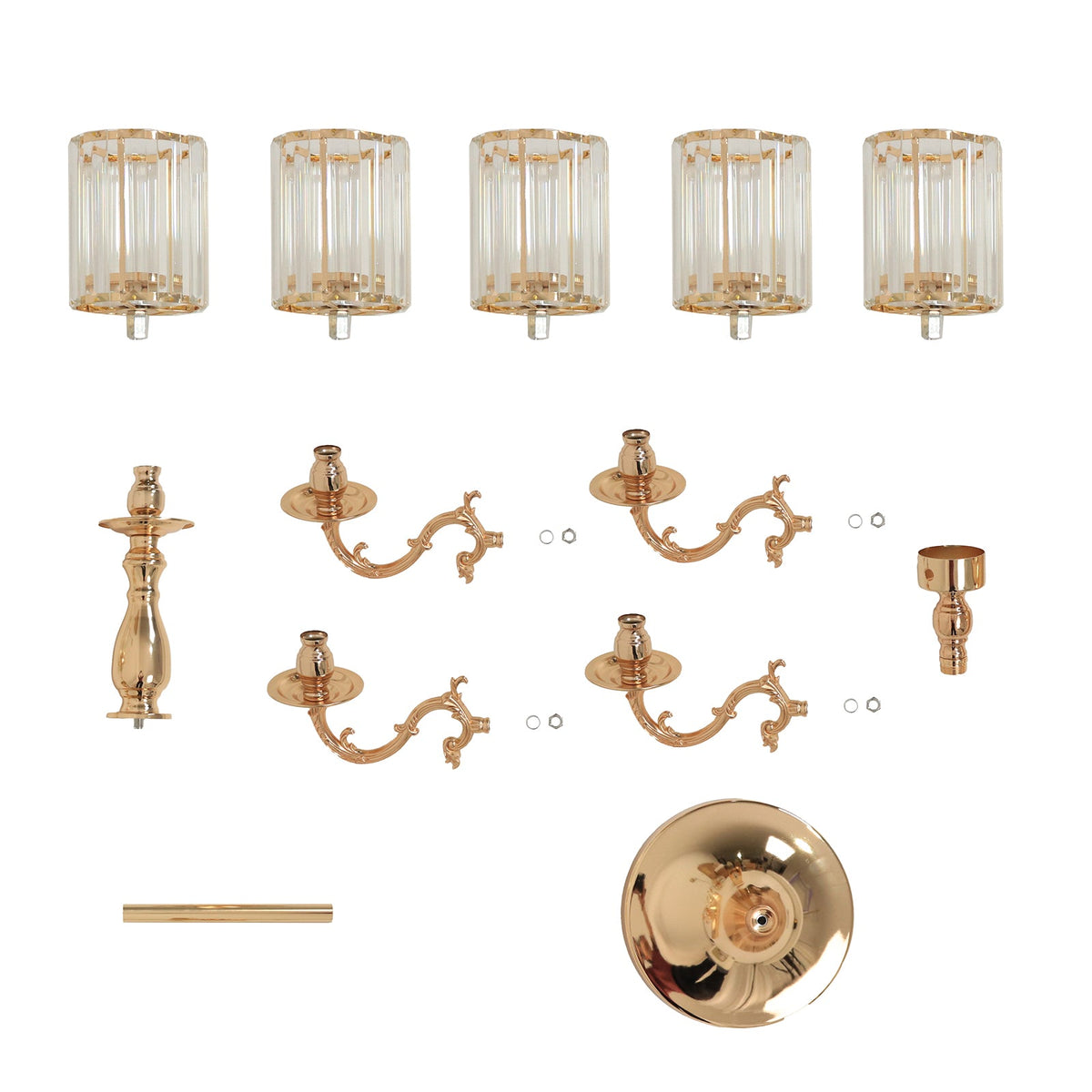 5-Arm Gold Metal Candelabra with Crystal Pendant Glass Shades – 40" Tall Candle Holder for Pillar, LED, and Flameless Candles