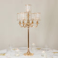 5-Arm Gold Metal Candelabra with Crystal Pendant Glass Shades – 40" Tall Candle Holder for Pillar, LED, and Flameless Candles
