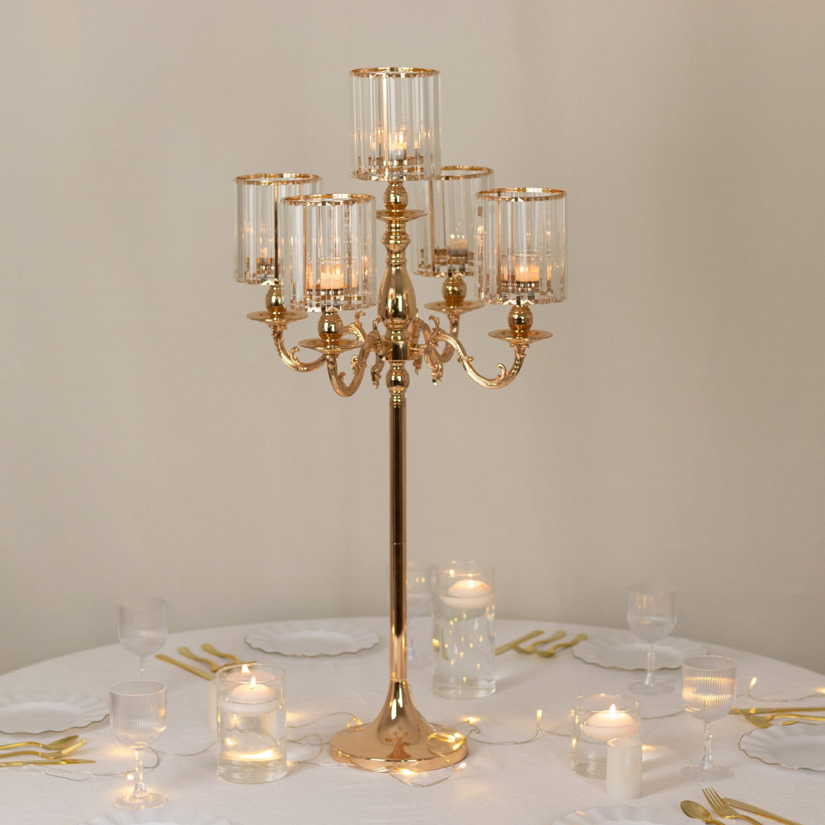 5-Arm Gold Metal Candelabra with Crystal Pendant Glass Shades – 40" Tall Candle Holder for Pillar, LED, and Flameless Candles