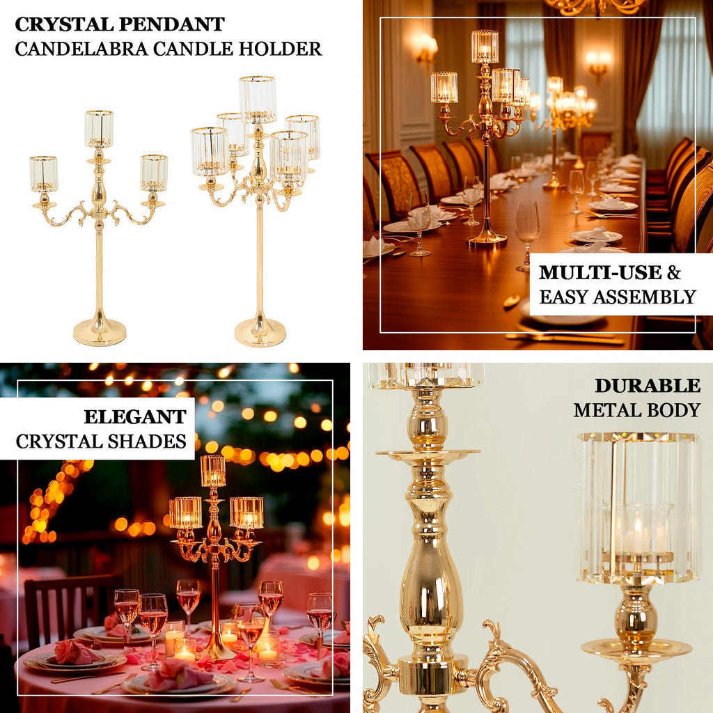 5-Arm Gold Metal Candelabra with Crystal Pendant Glass Shades – 40" Tall Candle Holder for Pillar, LED, and Flameless Candles
