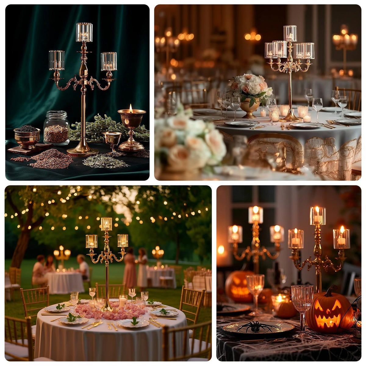 5-Arm Gold Metal Candelabra with Crystal Pendant Glass Shades – 40" Tall Candle Holder for Pillar, LED, and Flameless Candles