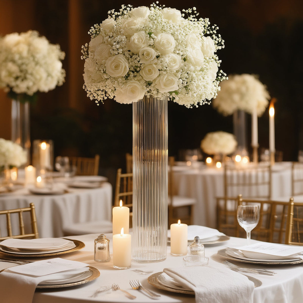 2 Pack Ribbed Cylinder Floor Vases – 32" Tall Clear Glass Vases for Event Aisles, Entryways & Wedding Decor