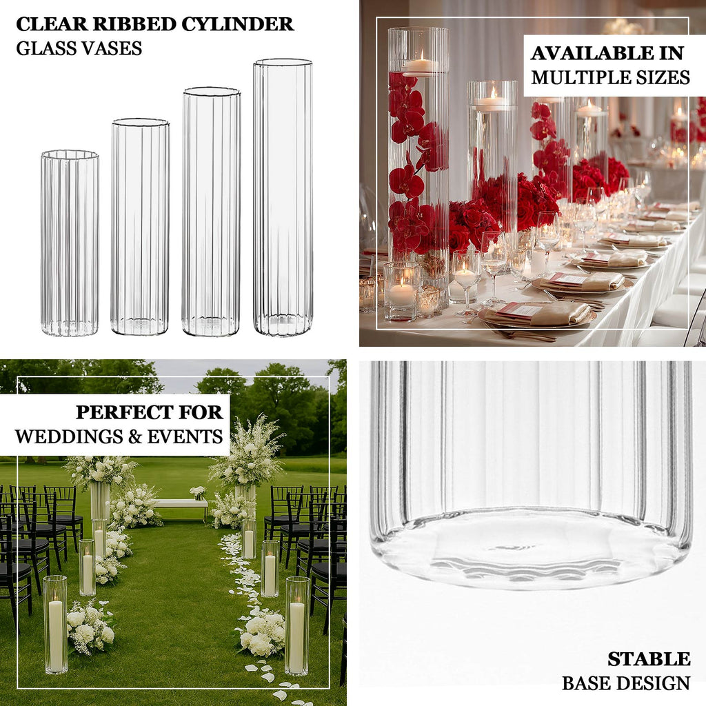 2 Pack Ribbed Cylinder Floor Vases – 32" Tall Clear Glass Vases for Event Aisles, Entryways & Wedding Decor
