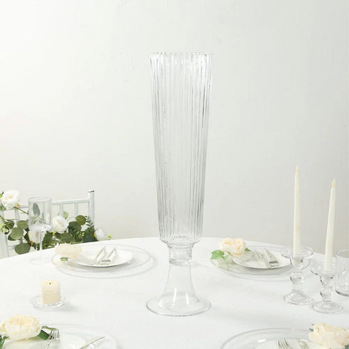 2-Pack Glass Trumpet Vases Ribbed Design 32" Clear - Heavy Duty Floral Wedding Centerpieces